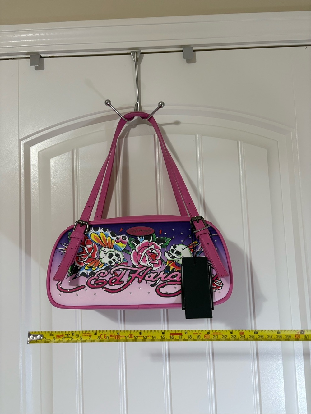 Ed Hardy Pink & Purple Floral Skull Shoulder Bag - Picture 2 of 5